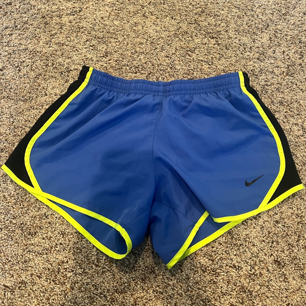 Youth Medium Nike dryfit shorts. Blue, neon yellow, and black